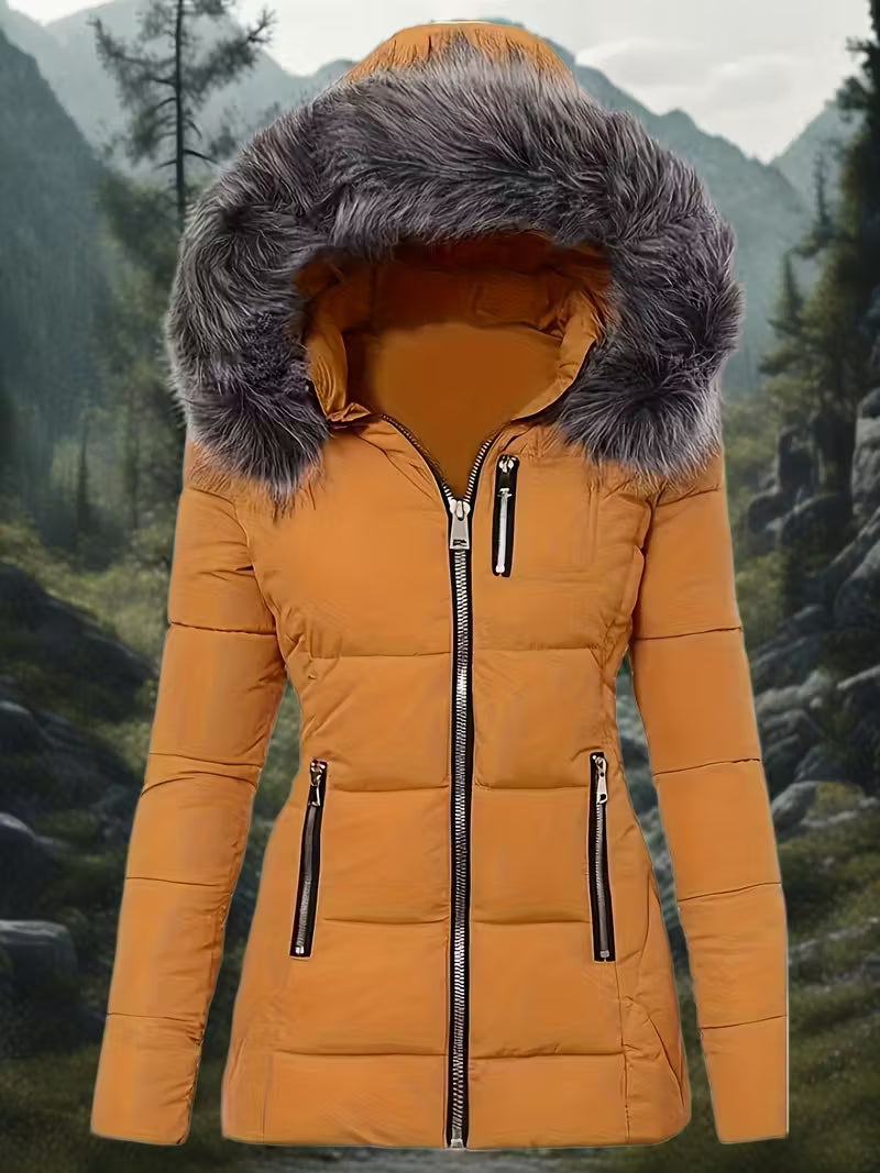SLIM - FIT GIACCA DA DONNA CON CAPUCCIO IN PELLICCIA SINTETICA ADATTA A TE CHE NON RINUNCI ALL'ELEGANZA MANTENENDO IL TUO CORPO AL CALDO
