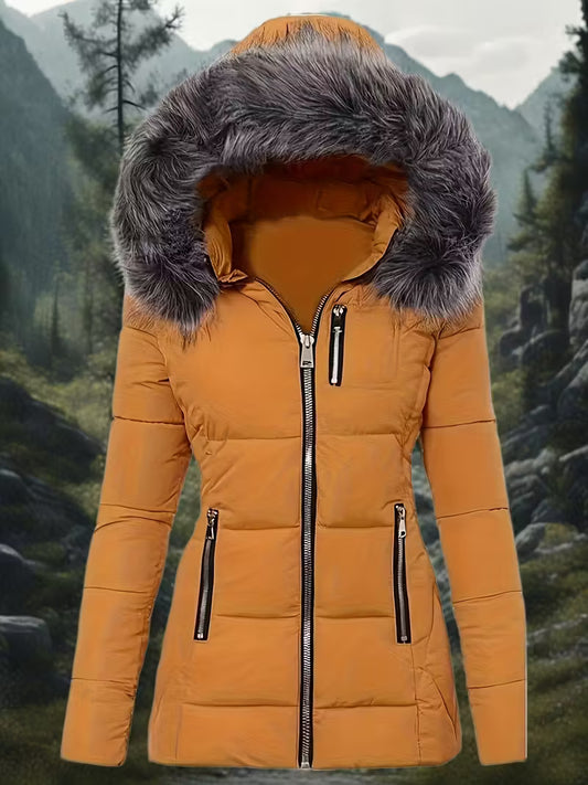 SLIM - FIT GIACCA DA DONNA CON CAPUCCIO IN PELLICCIA SINTETICA ADATTA A TE CHE NON RINUNCI ALL'ELEGANZA MANTENENDO IL TUO CORPO AL CALDO