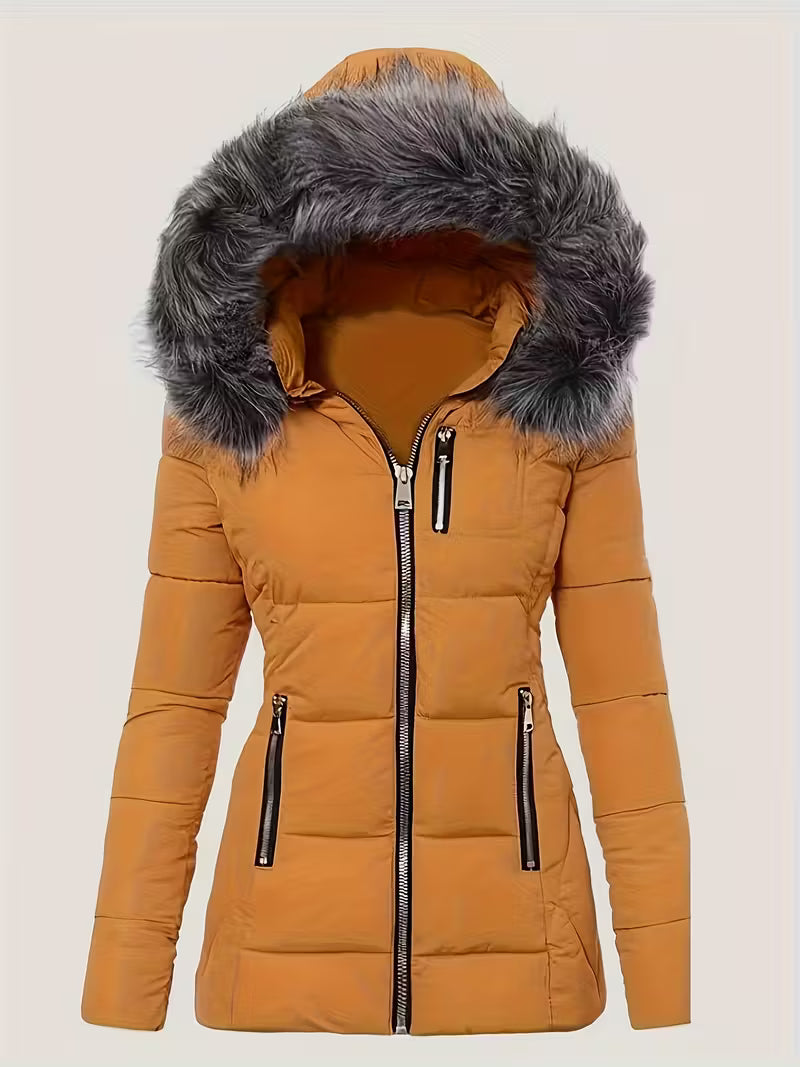 SLIM - FIT GIACCA DA DONNA CON CAPUCCIO IN PELLICCIA SINTETICA ADATTA A TE CHE NON RINUNCI ALL'ELEGANZA MANTENENDO IL TUO CORPO AL CALDO