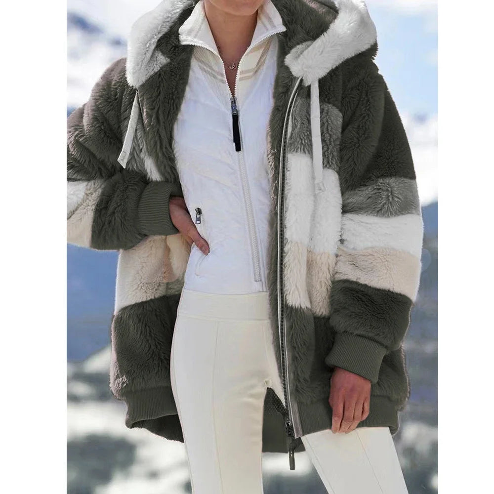 Women's Oversized Plush Jacket — Hooded Streetwear Coat