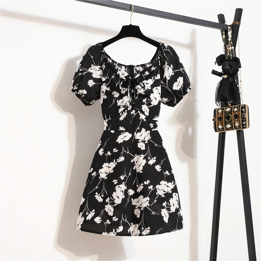 Mini Dress Chiffon Floreale — Maniche a Sbuffo