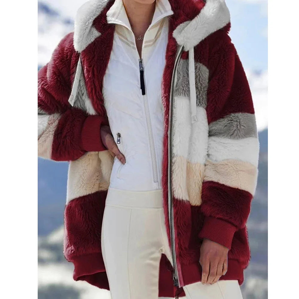 Women's Oversized Plush Jacket — Hooded Streetwear Coat