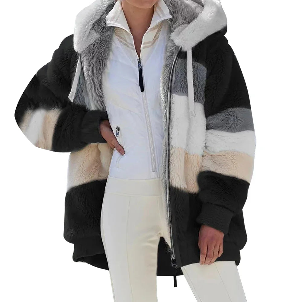 Women's Oversized Plush Jacket — Hooded Streetwear Coat