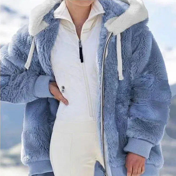 Women's Oversized Plush Jacket — Hooded Streetwear Coat