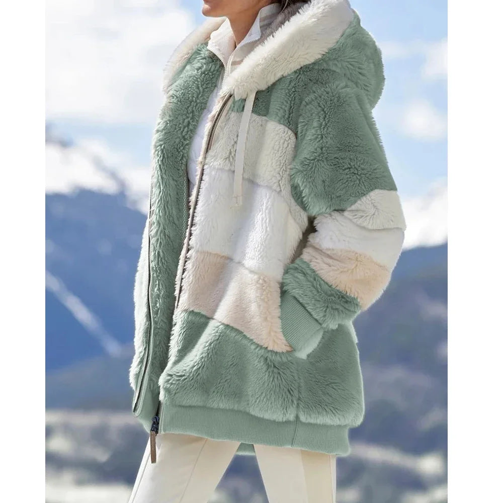 Women's Oversized Plush Jacket — Hooded Streetwear Coat