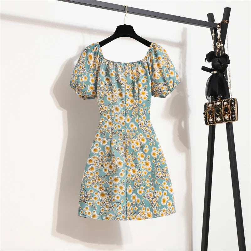 Mini Dress Chiffon Floreale — Maniche a Sbuffo