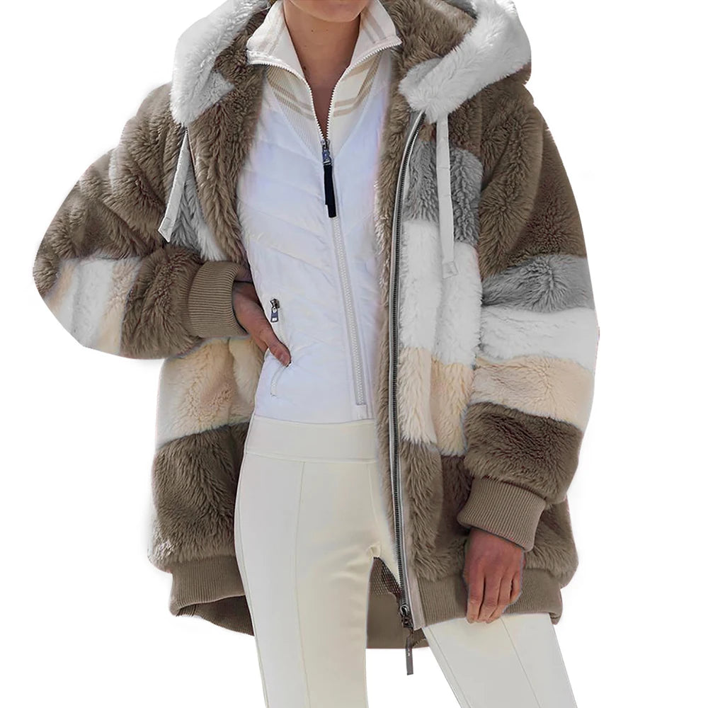 Women's Oversized Plush Jacket — Hooded Streetwear Coat