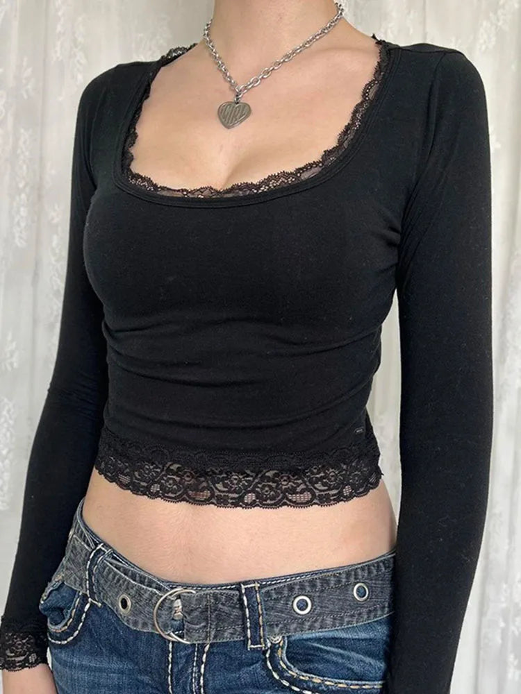 T-shirt Y2K Fairy Grunge — Manica Lunga con Pizzo