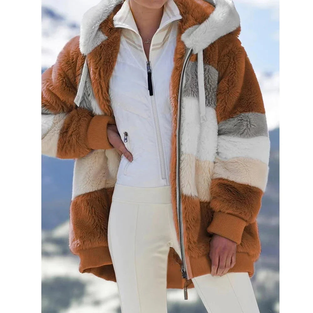 Women's Oversized Plush Jacket — Hooded Streetwear Coat