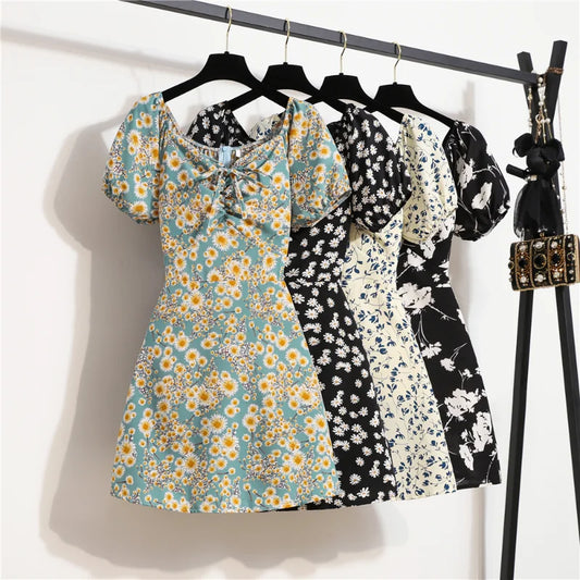 Mini Dress Chiffon Floreale — Maniche a Sbuffo