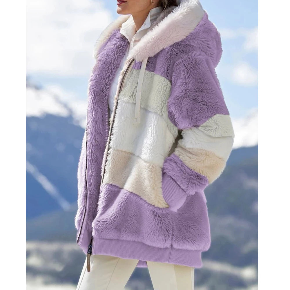 Women's Oversized Plush Jacket — Hooded Streetwear Coat