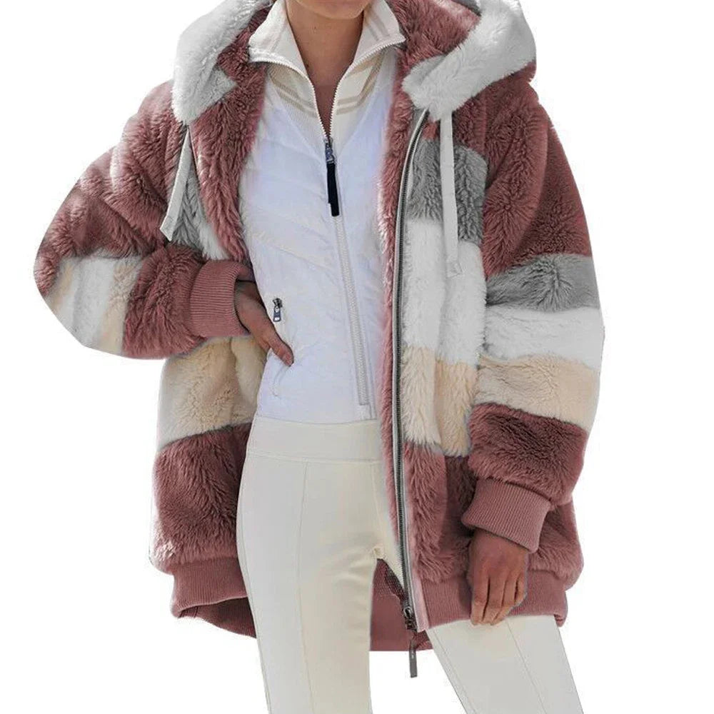 Women's Oversized Plush Jacket — Hooded Streetwear Coat